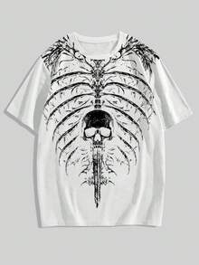ROMWE MEN Goth Men's Crew Neck Skull Print Casual Versatile Daily Wear Short Sleeve T-Shirt - White - View 4