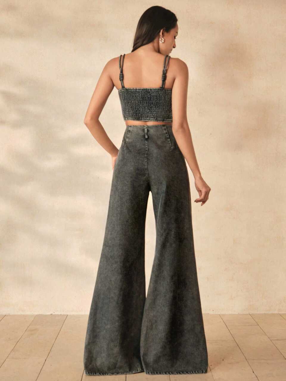 Anewsta Casual Women S Denim Two-Piece Set Spaghetti Strap Camisole Top And Long Wide Leg Pants With Pockets Zippers