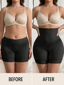 SHEIN CURVE+ 女款大尺碼蕾絲拼接高腰塑形短褲 (1件) - 黑色 - 查看 3