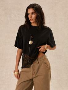 Easelle Vintage Streetstyle Streetwear Casual Bohemian Round Neck Lace Patchwork Loose Fit Women's T-Shirt Everyday Night Black Summer Out - Black - View 5