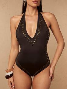 Silquee Women's Vacation Rivet Design Deep V Sexy Halter One-Piece Swimsuit Beach Party Black Summer - Coffee Brown - View 5