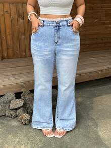 Sunnyshic New Lace Trim High Waist Plus Size Denim Flare Pants Light Blue Summer Vacation Casual Traditional - Blue - View 3