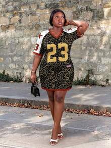 CurvyTilda Plus Size Vintage Leopard Print 23 Graphic Dress, Suitable For Summer Music Festival Outfit - Multicolor - View 5