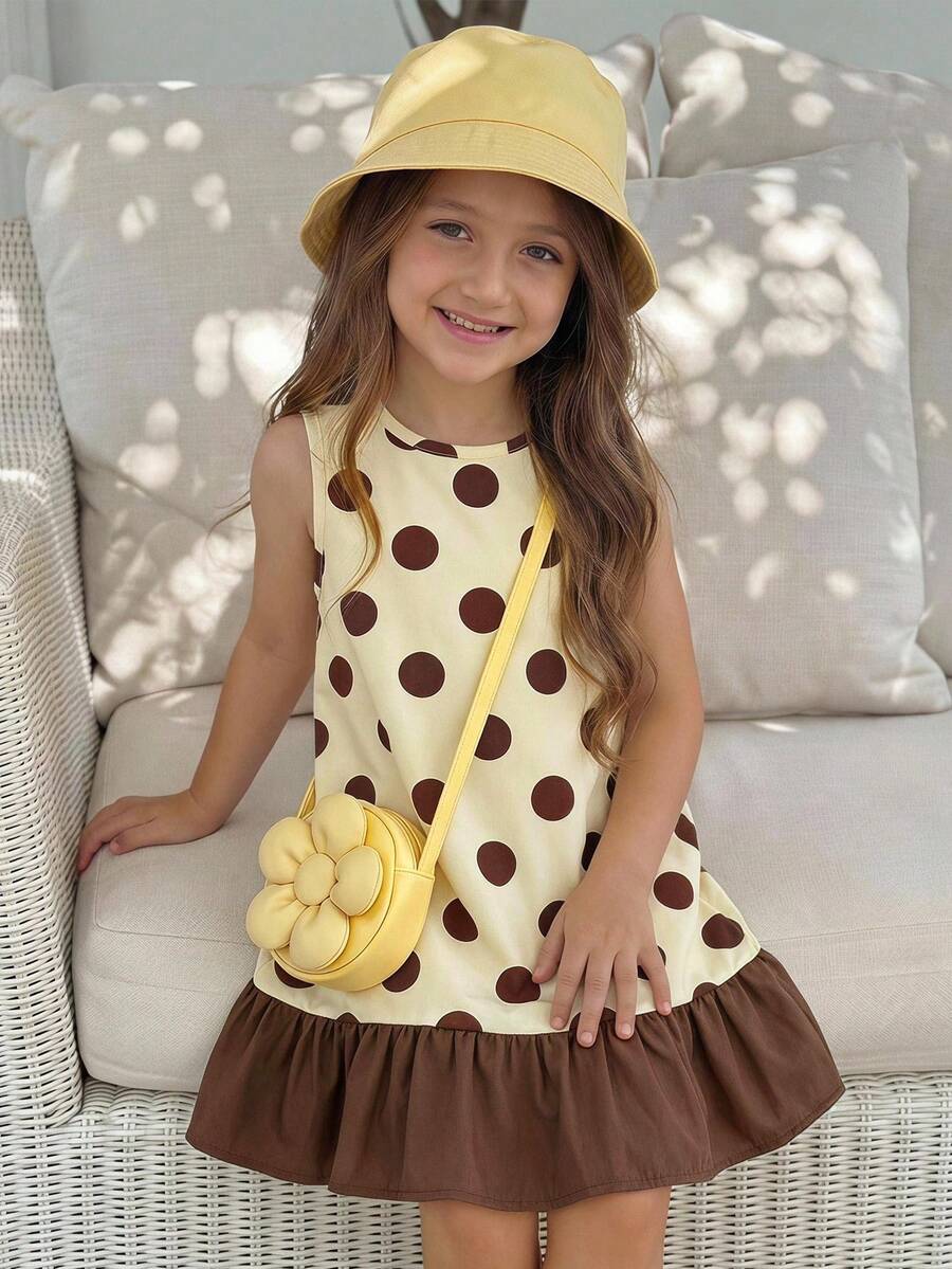 Emery Rose Kids Emery Rose Kids 可愛復古風女童波點背心洋裝,奶油色與咖啡色大波點無袖魚尾下擺外層背心裙,適合春夏穿著 - 彩色 - 查看 1