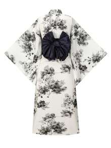 Irokai 日式傳統夏季女款兩件式和服浴衣 水墨印花（不含腰帶） - 黑與白 - 查看 2