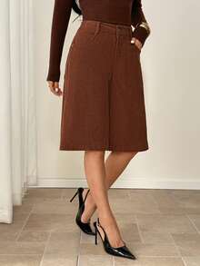 SHEIN PETITE Women's Solid Color Pocket Casual Versatile Knee Length Shorts Bar Daily Work Shades Of Brown Autumn,Shorts For Women,Petite,Office Casual,Vacation - Brown - View 3