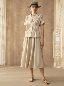 SHEIN Conjunto de 2 piezas para mujer de tejido con cuello en V, mangas murciélago, cintura ceñida, estilo casual elegante para ir al trabajo, citas y vacaciones - Albaricoque - Ver 6