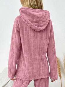 SHEIN Cottnline Women's Letter & Heart Embroidery Long Sleeve Drawstring Hooded Fleece Sleepwear Top - Pink - View 2
