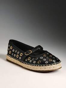 Solezae Alpargatas planas con puntera redonda y decoración de remaches para mujer - Negro - Ver 6