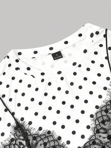 SHEIN MOD 女款黑白波點 2 合 1 蕾絲拼接圓領短版 T-shirt - 黑與白 - 查看 4