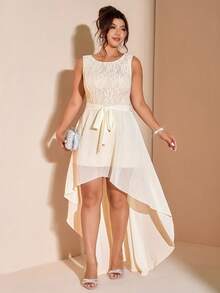 Cravure Plus Size Women's Sleeveless Contrast Lace Asymmetrical Hem Chiffon Dress - Apricot - View 4