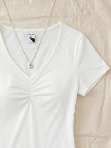 SHEIN 少女女孩粉色V領抓皺蕾絲拼接短袖T恤 - 白色 - 查看 3