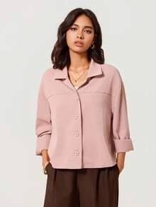 SHEIN BASICS 女款春秋休閒純色輕便夾克 教師節辦公日常穿搭 灰粉色 - 珊瑚粉 - 查看 6