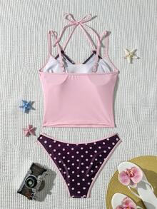 Bellisia Spring/Summer Sun Beach Swimwear 2 Pieces Set Polka Dot All-Over Print Spaghetti Strap Wide Strap Backless Tank Top Bikini Bottom Swimwear For Women - Multicolor - View 2