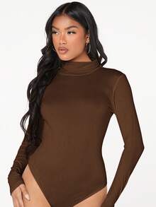 SHEIN BAE Solid High Neck Bodysuit - Chocolate Brown - View 5
