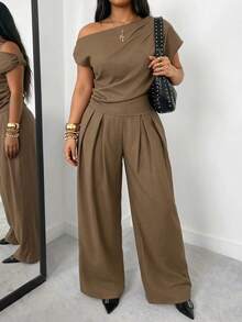 POPSWAY Plus Size Women's Fashion Design Asymmetrical One-Shoulder Top And High-Waisted Wide Leg Pants 2-Piece Set, Elegant Suit Style, Sophisticated Elegant, Summer Cool Chic Outfit - Khaki - View 5