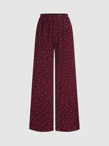 Sweetra Spring/Summer Fashion New Vintage Strapless Ruched Metal Buckle Waist-Cinching Slimming Asymmetrical Hem Top & Minimalist Wide Leg Long Pants Elegant Women's Brown Polka Dot 2-Piece Set - Burgundy - View 5