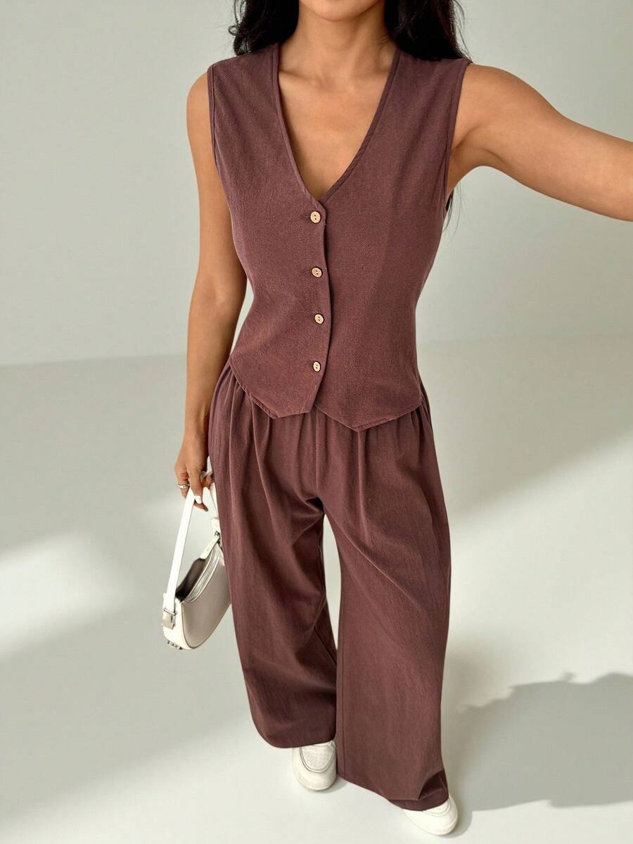 SHEIN PETITE Conjunto casual de 2 piezas de chaleco de un solo pecho y pantalones de unicolor Omen, verano - Marrón - Ver 1