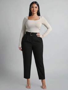 SHEIN PETITE CURVE Plus Size Solid Color Minimalist Pleated Summer Casual Versatile Long Pants - Black - View 5