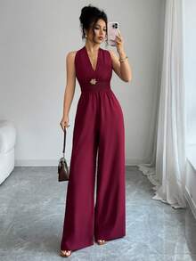 SHEIN Elenzya Damen einfarbiger Jumpsuit mit gerafftem Neckholder und geraffter Taille - Rot - Übersicht 4