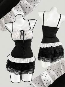 Sweetra Retro Nische Polka Punkt Patchwork Trägerhemd, schmeichelhaftes vielseitiges Crop Top mit süßem quadratischem Kragen und Puffärmeln, sexy minimalistisches schwarzes kurzes künstlerisches Polka Punkt Patchwork Trägerhemd für Frauen, Herbst - Schwarz und Weiss - Übersicht 1