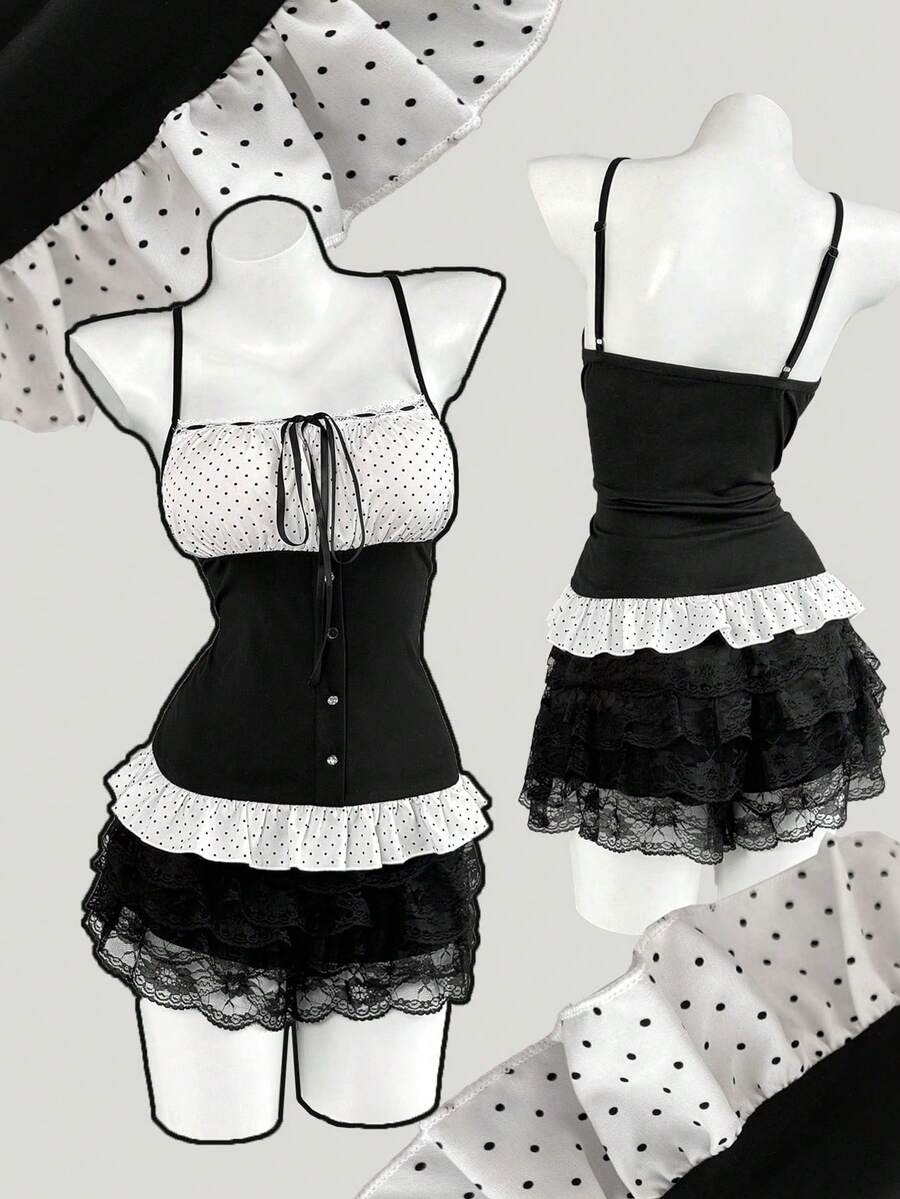 Sweetra Retro Nische Polka Punkt Patchwork Trägerhemd, schmeichelhaftes vielseitiges Crop Top mit süßem quadratischem Kragen und Puffärmeln, sexy minimalistisches schwarzes kurzes künstlerisches Polka Punkt Patchwork Trägerhemd für Frauen, Herbst - Schwarz und Weiss - Übersicht 1