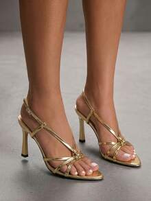 CUCCOO SZL Patent Leather Kink Pointed Stiletto Sandals, Cross Strap Ankle Buckle, Nightclub Date Slim Heels - Gold - View 3