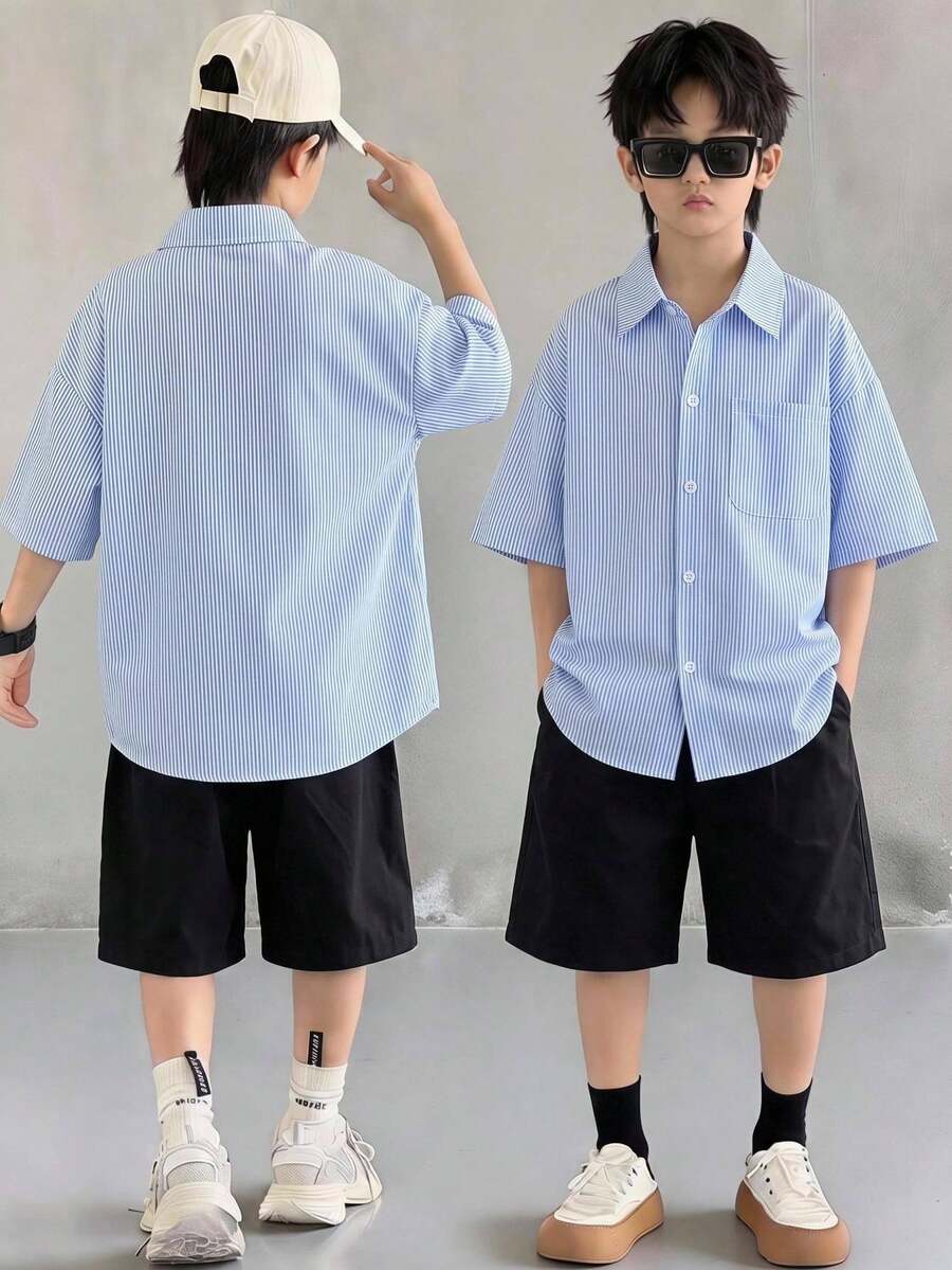 兒童青少年男孩休閒寬鬆領口藍白條紋襯衫,夏季上衣,適合春/夏、情人節、約會、夏季穿搭、海灘週末、家庭聚會、返校季、婚禮季、運動、生日派對 - 彩色 - 查看 1