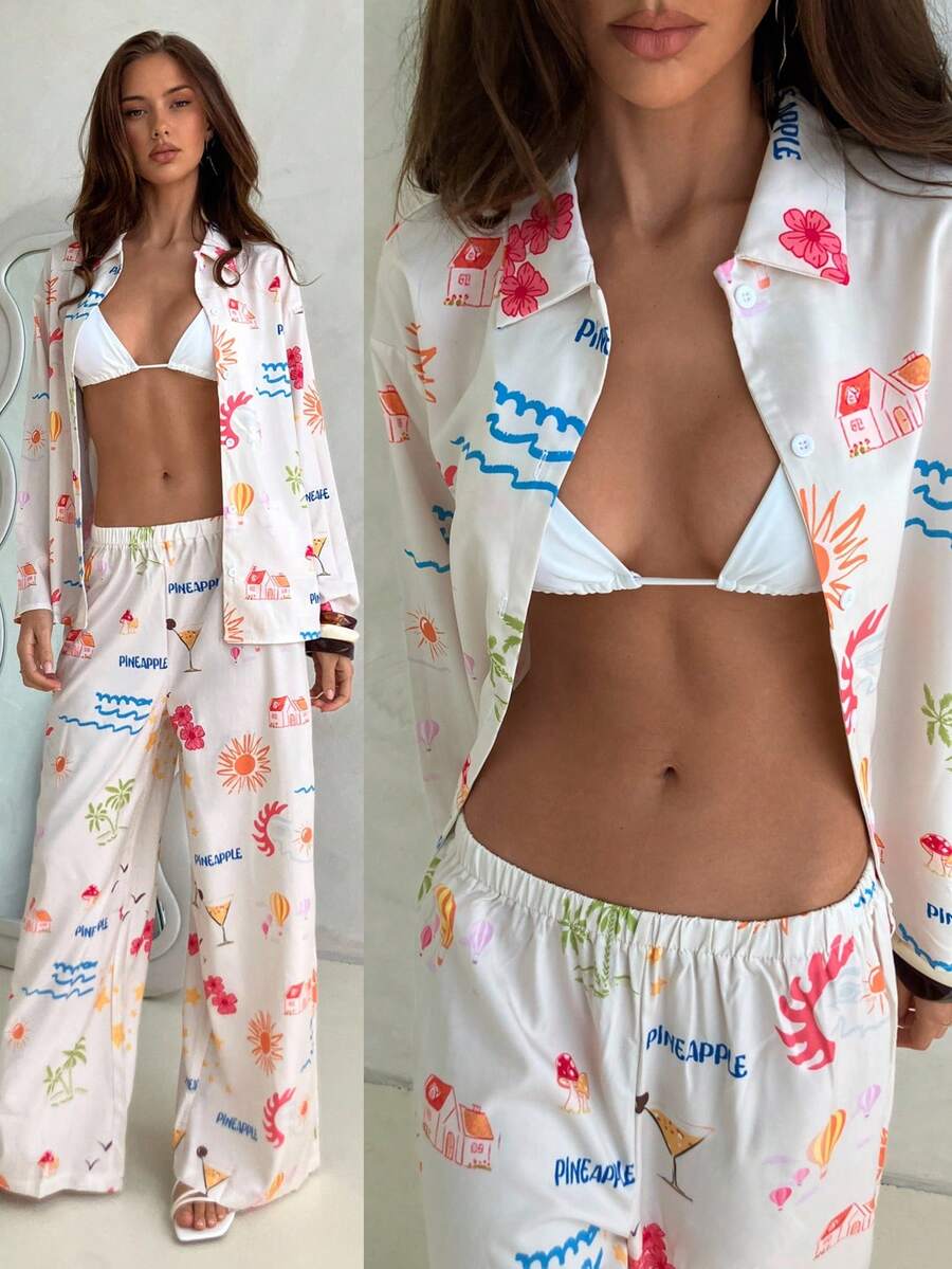 Aloruh Conjunto de 2 peças com Camisa de Manga Longa com Botões na Frente e Estampa Completa e Calça para Mulheres - Multicolorido - Visão 1