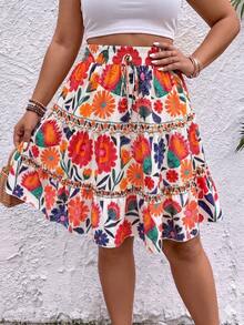EMERY ROSE Plus Size Vacation Fashion Floral Print Ruffle Hem Mini Skirt Beach White Summer Bohemian - White - View 3