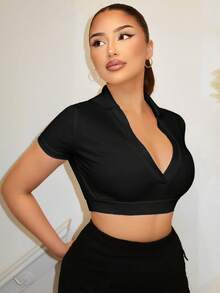 SHEIN SXY Summer Casual Solid Color Slim Fit Cropped T-Shirt - Black - View 4