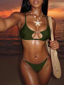 SHEIN Swim 女款夏季海灘度假派對純色鏤空性感熱帶比基尼兩件式泳衣套裝 綠色 - 軍綠色 - 查看 5