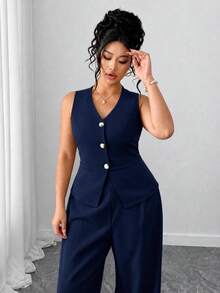 SHEIN Tall CURVE 大尺碼女款兩件套 優雅休閒純色V領無袖西裝背心與長直筒褲 早午餐辦公海軍藍夏季 - 藏蓝色 - 查看 3