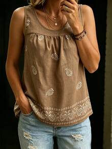 SHEIN LilyWest Chaleco casual de verano estilo occidental campestre para mujer, mezcla de lino marrón, gasa de burbuja con estampado de anacardo, cuello redondo, sin mangas, con volantes y bordado falso - Marrón - Ver 7