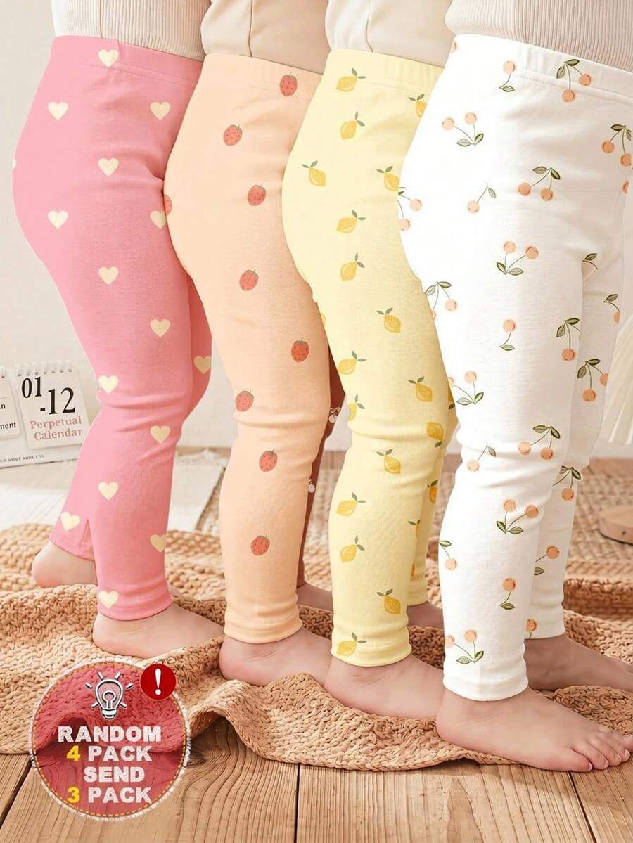 Random 4 Packs Send 3PACK Cream, Cute Cherry, Lemon, Strawberry, Vintage Floral, Embossed, Baby Girl Cute Comfortable Knitted Elastic Solid Color Elastic Waist Long Pants - Multicolor - View 1