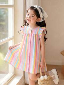SHEIN Young Girl Multi-Color Striped Sweet Vacation Style Dress With Small Round Neck And Ruffled Sleeves, Summer,Holiday,Summer,Travel - Multicolor - View 1