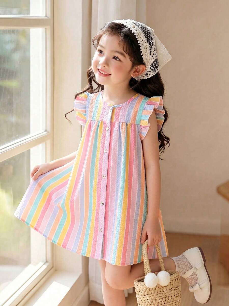 SHEIN Young Girl Multi-Color Striped Sweet Vacation Style Dress With Small Round Neck And Ruffled Sleeves, Summer,Holiday,Summer,Travel - Multicolor - View 1