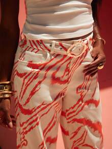 NYA SZN Jeans Belt Included Two Pieces Denim Pants Printed Abstract Stripe Zebra Wide Leg Mid Rise High White Orange Outfits For Women Vacation Autumn Punk - Multicolor - View 2