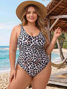SHEIN CURVE+ 大尺碼女款豹紋連身泳衣，適合海灘度假、泳池派對、海灘派對 - 彩色 - 查看 5