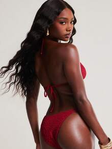 NYA SZN Solid Color Spaghetti Strap Summer Triangle Fashion Beach Bikini Set With Beads - Red - View 2