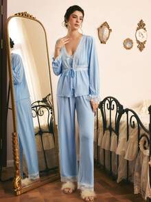Côtesoire Romantic Pastoral Elegant Charming Fresh Lace Patchwork Flared Sleeve Open-Front Camisole & Long Pants 3 PiecesWomen's Loungewear Set - Baby Blue - View 5