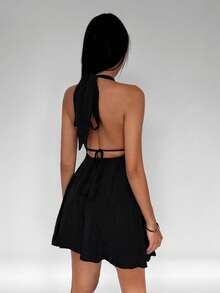 TRNVIE Women's Summer Solid Color Deep V-Neck Ruffle Hem Sexy Halter Neck Dress - Black - View 2