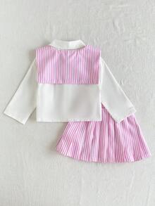 Playful Pals 2pcs/Set Baby Girl White Long Sleeve Button-Up Shirt With Animal Horse Embroidery And Turn-Down Collar + Pink And White Striped Elastic Waist Pleated Skirt, Casual Cute Sweet Fashion Korean Style Outfit, Matching Shawl Included, Preppy Style, Suitable For Autumn Daily Wear, School, Shopping And Other Occasions - Pink - View 3