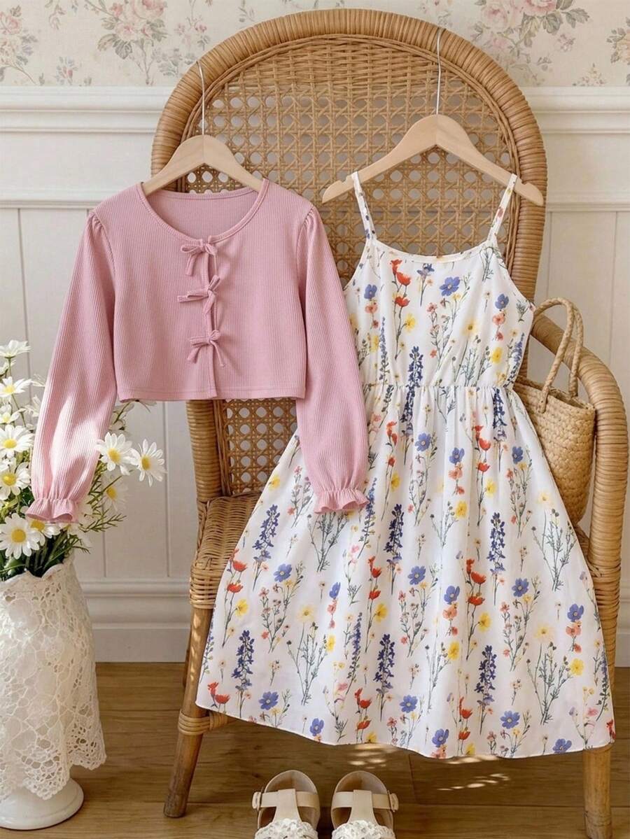 SHEIN Vintaside Kids 2件組女童春/秋休閒螺紋針織蝴蝶結裝飾開襟外套上衣與印花細肩帶背心簡單洋裝
