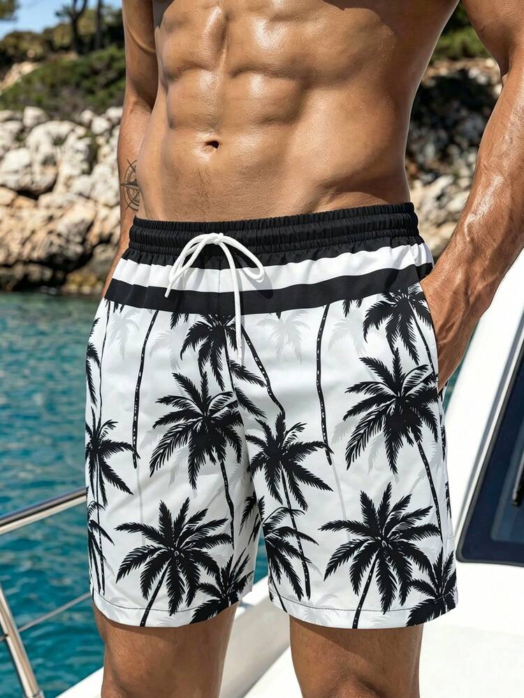 Surfspeed Men's Plus Size Palm Tree Print Drawstring Waist Beach Shorts - Black and White - View 5