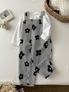 LMoss Kids Jumpsuit Anak Perempuan Muda, Jumpsuit Terusan Motif Bunga Bergaris Tenun - Hitam dan Putih - View 8