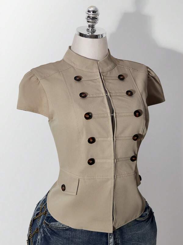 SHEIN ICON Women's Plus Size Retro Sexy Fashion Simple Casual Millennial Style Double-Breasted Stand Collar Puff Sleeve Trench Coat In Khaki Summer Jacket