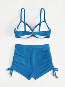 Swim SXY 女款夏季海灘純色前綁帶性感時尚比基尼兩件式泳衣套裝 - 藍色 - 查看 7