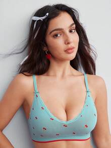 SHEIN Women's Cherry Print Bow Decor Bra - Blue - View 1