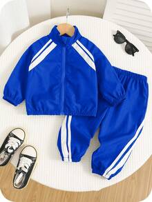 SHEIN Thickened Workwear Style Black Stand Collar Jacket Long Sleeve Sweatshirt And Black Jogger Pants Set, Comfortable Versatile Casual Fashion Daily Sporty Minimalist Basic Style, Suitable For Indoor, Outdoor Skiing, Daily Wear, Sports, Parties, Photoshoots In Autumn/Winter - Royal Blue - View 1